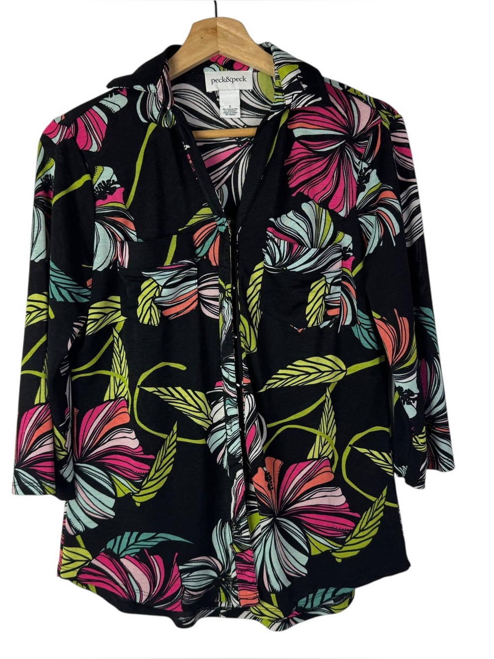 Peck & Peck Black Colorful Tropical Floral Long Sleeve Button Down S